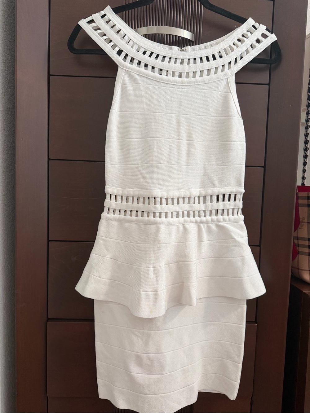 Bebe White Mini Bandage Dress with Lattice Cutouts